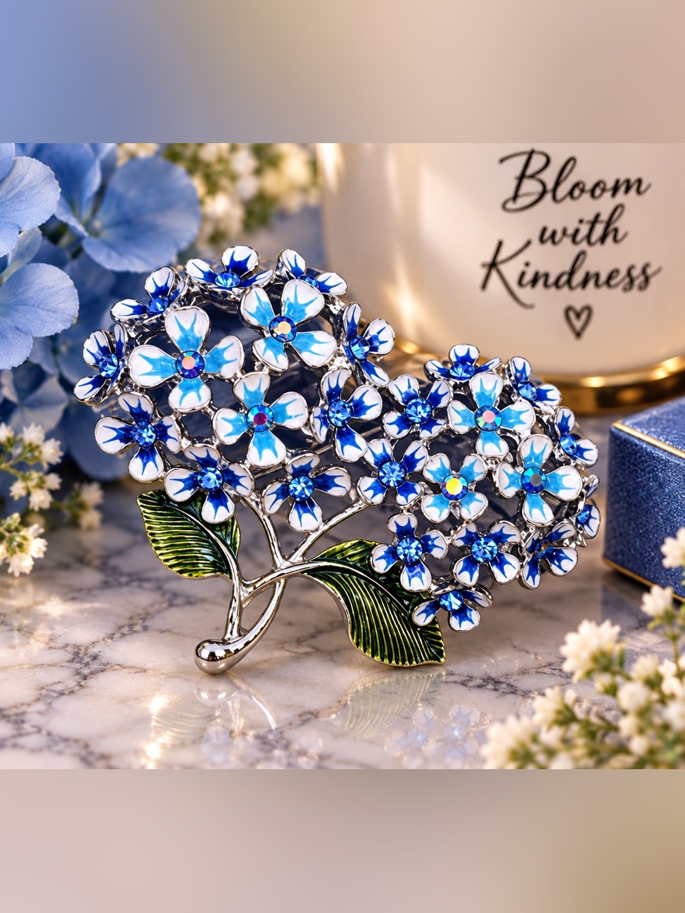 Blue Floral Crystal Brooch